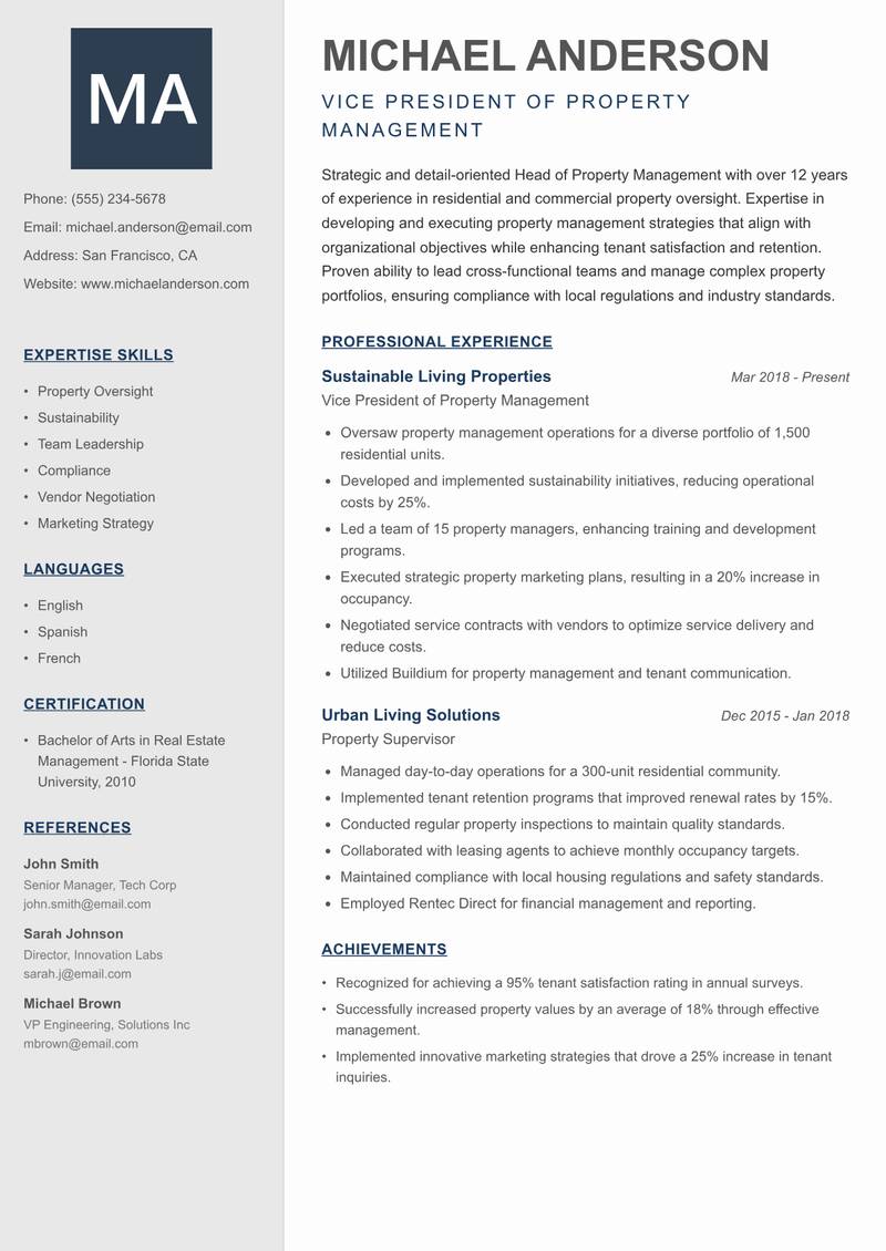 Head of Property Management resume sample — Vice President of Property Management focus
