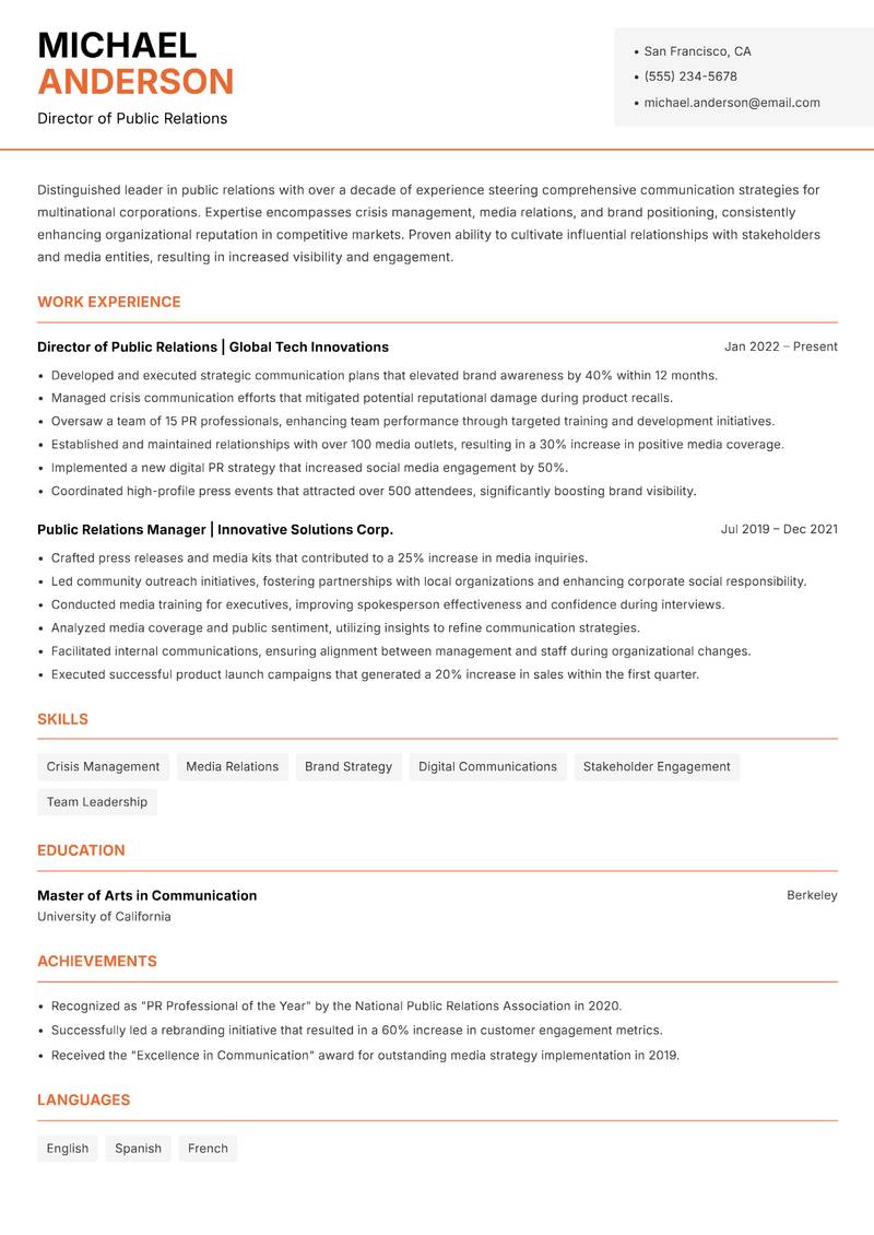 Head of Public Relations resume sample — Director of Public Relations focus