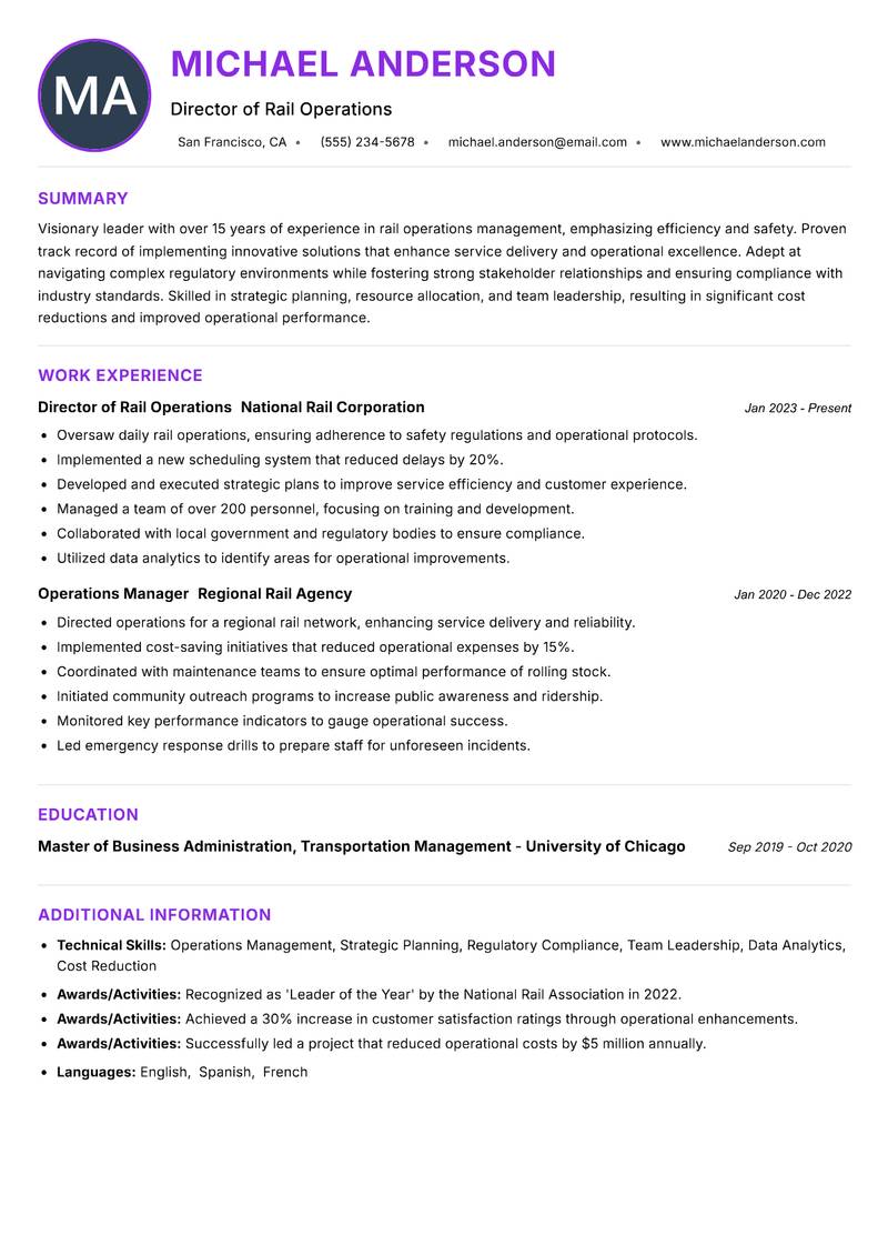 Head of Rail Operations resume example