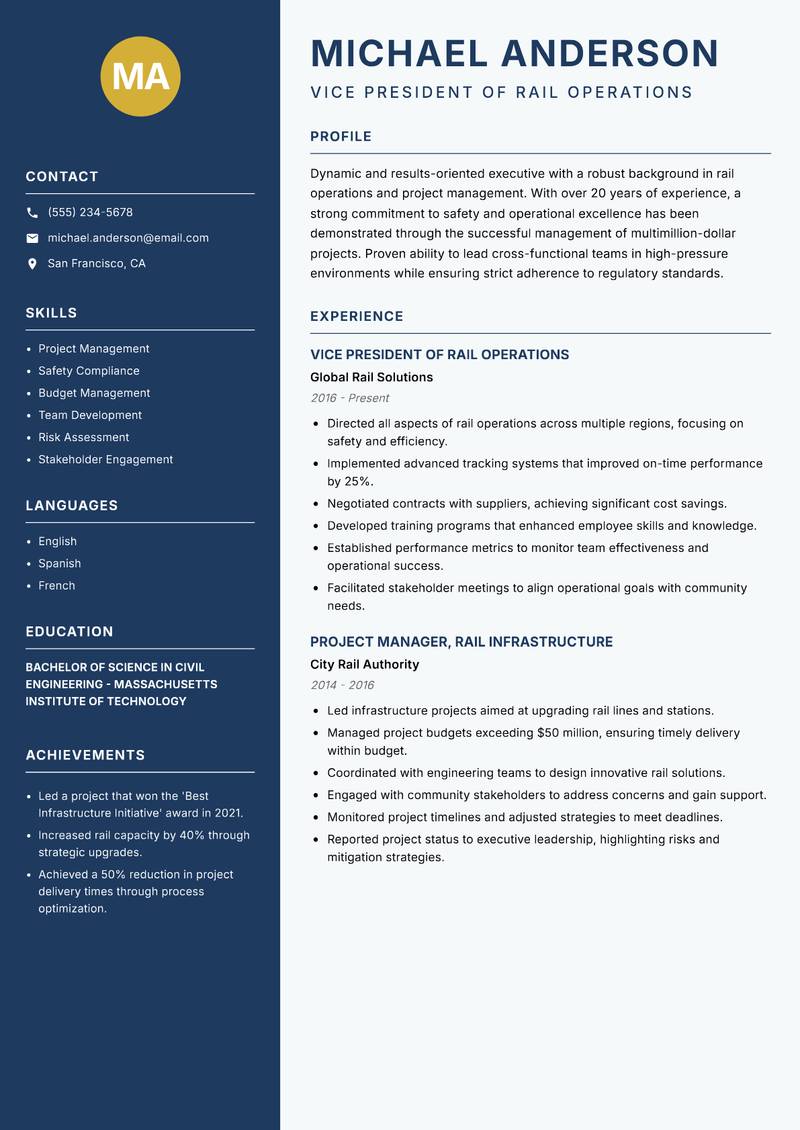 Head of Rail Operations resume sample — Vice President of Rail Operations focus