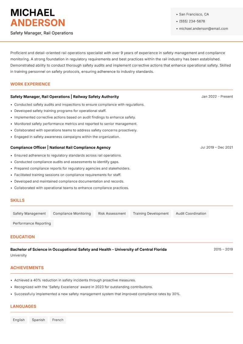 Head of Rail Operations resume sample — Safety Manager, Rail Operations focus