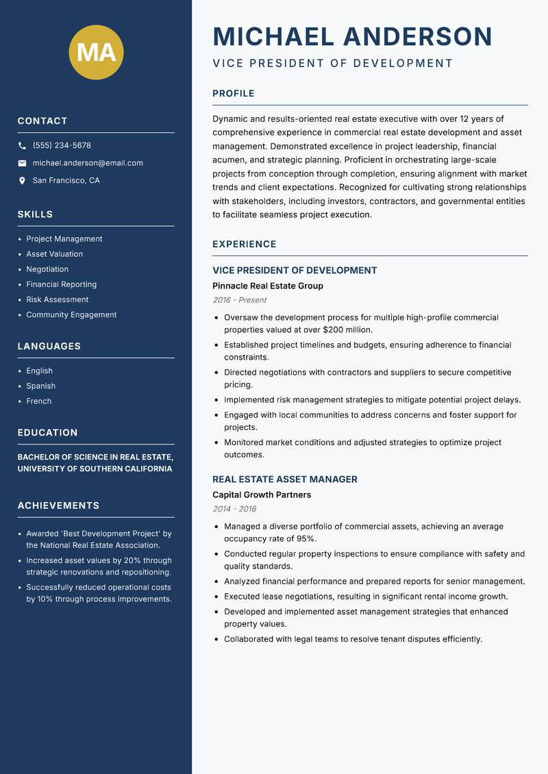 Head of Real Estate resume sample — Vice President of Development focus
