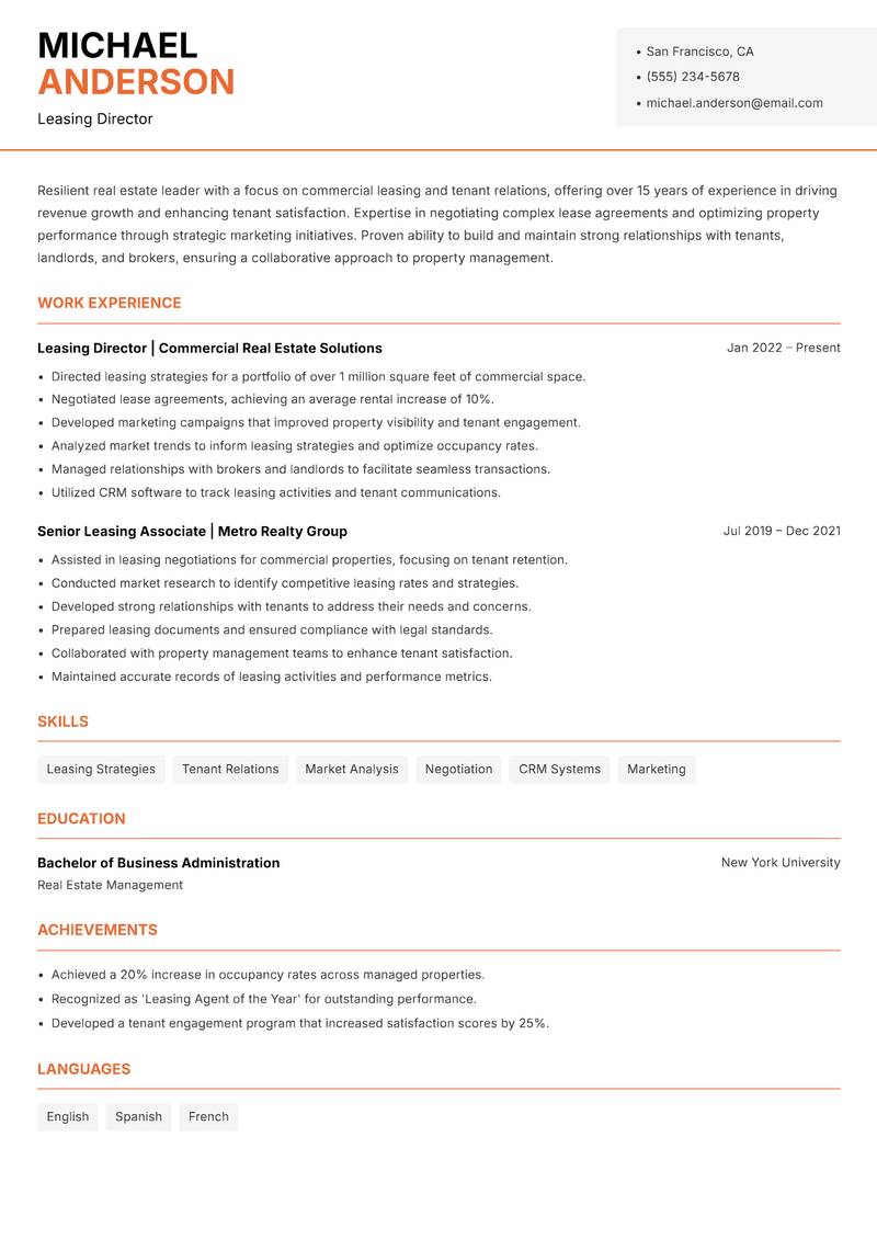 Head of Real Estate resume sample — Leasing Director focus