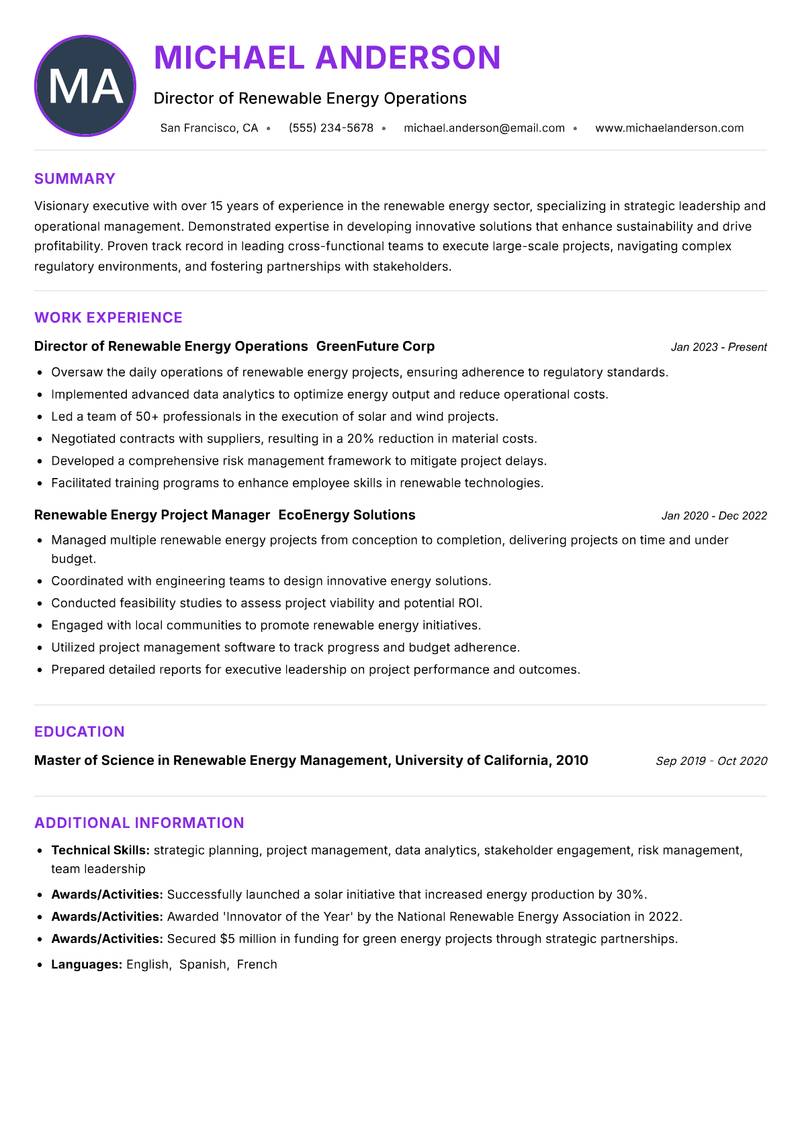 Head of Renewable Energy resume example