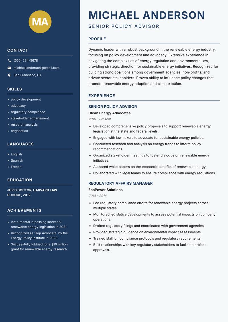 Head of Renewable Energy resume sample — Senior Policy Advisor focus