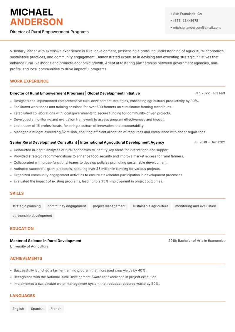 Head of Rural Development resume sample — Director of Rural Empowerment Programs focus