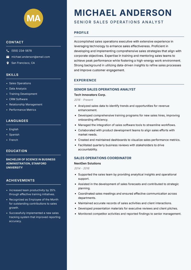 Head of Sales Operations resume sample — Senior Sales Operations Analyst focus