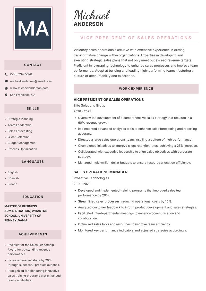 Head of Sales Operations resume sample — Vice President of Sales Operations focus