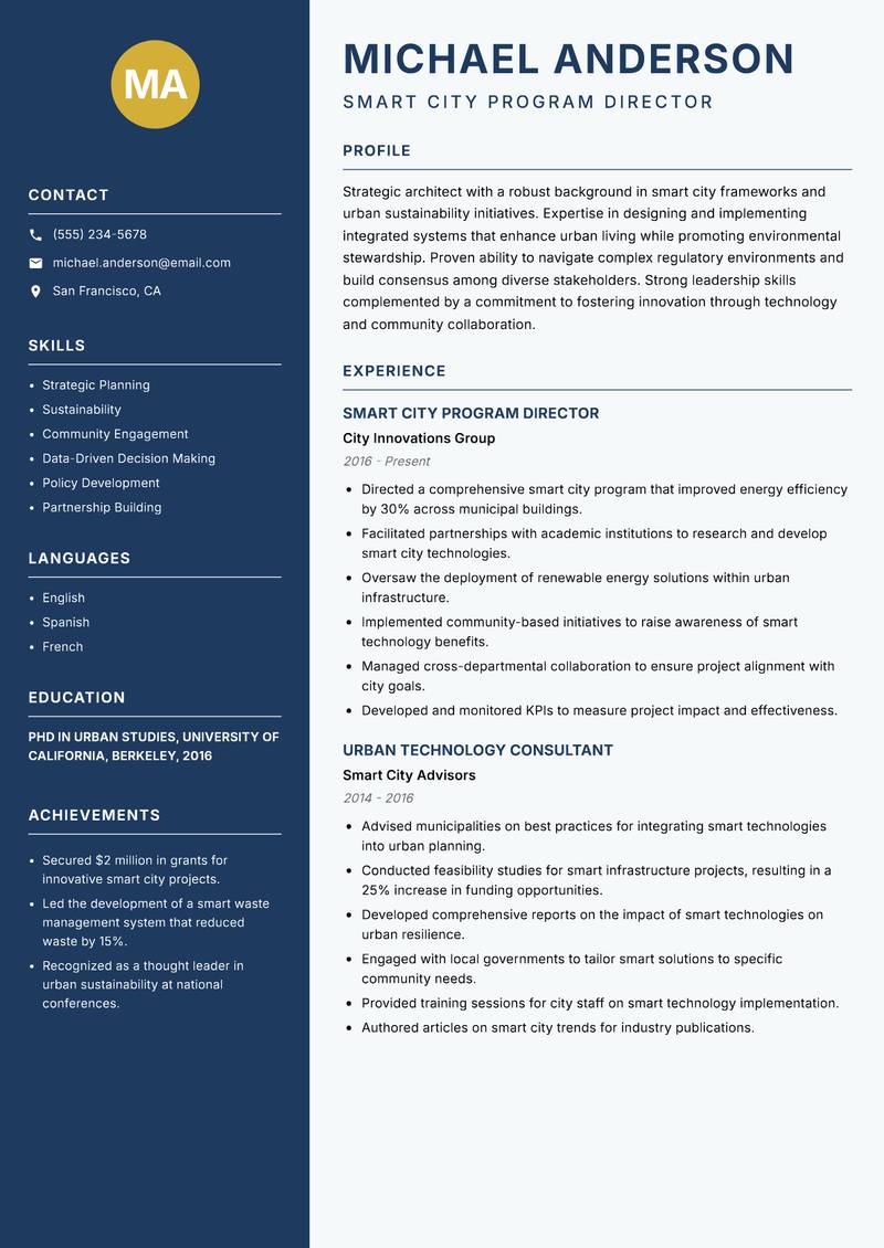 Head of Smart Cities resume sample — Smart City Program Director focus