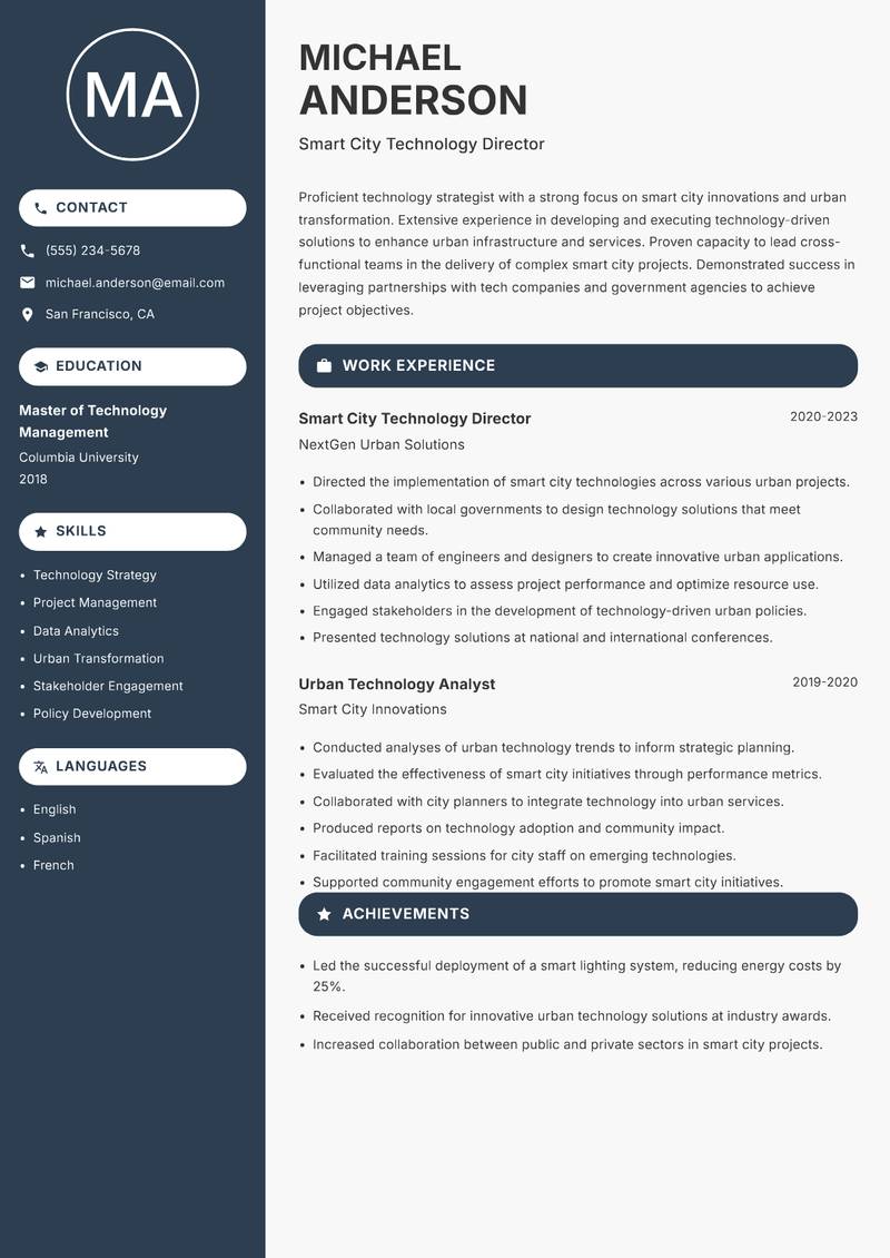 Head of Smart Cities resume sample — Smart City Technology Director focus