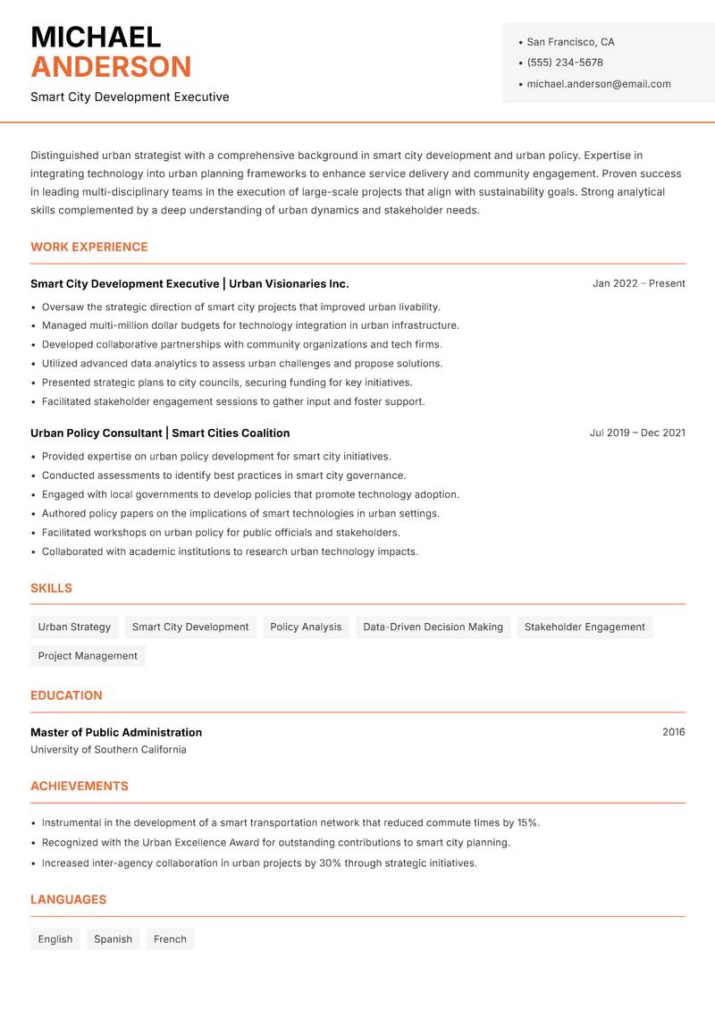 Head of Smart Cities resume sample — Smart City Development Executive focus