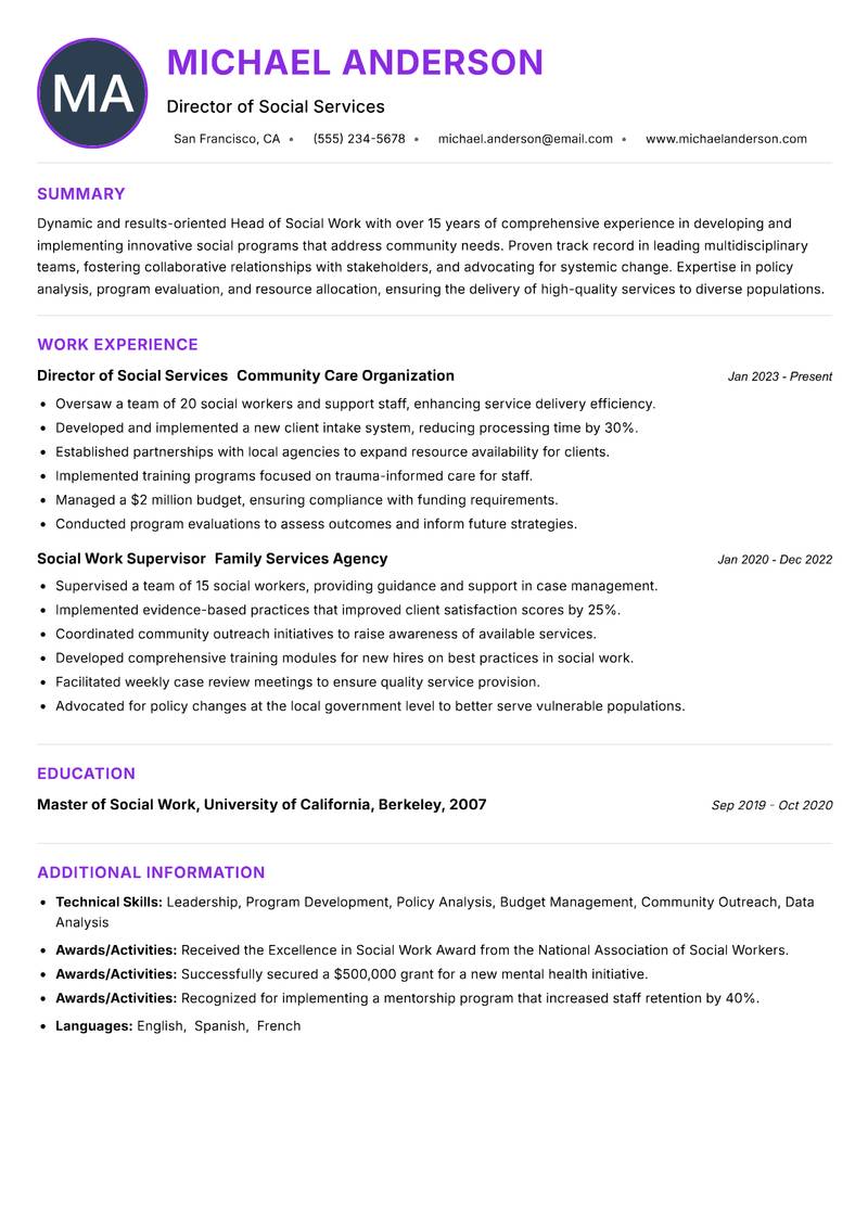 Head of Social Work resume example