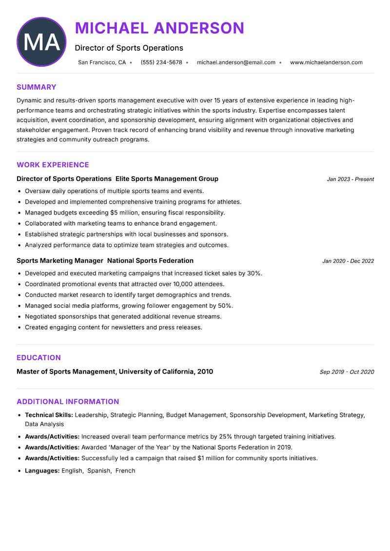 Head of Sports Management resume example