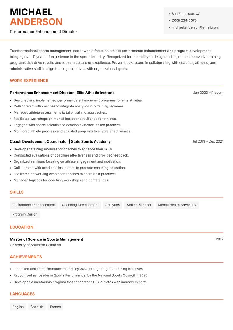 Head of Sports Management resume sample — Performance Enhancement Director focus