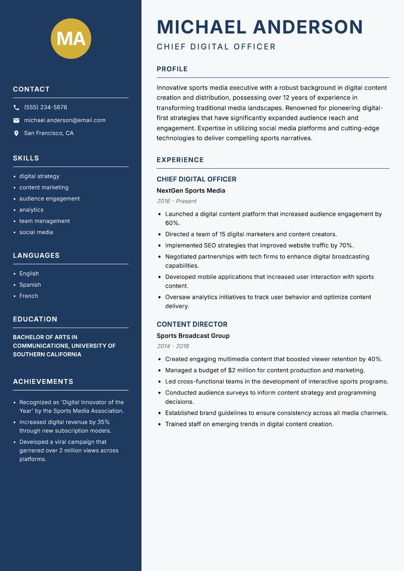Head of Sports Media resume sample — Chief Digital Officer focus