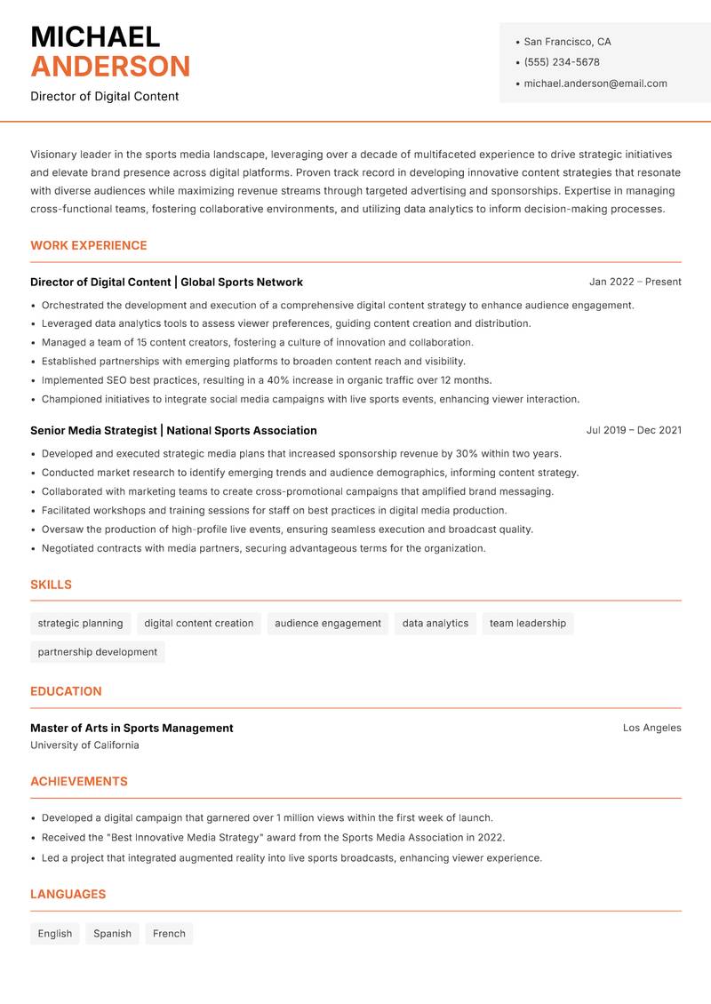 Head of Sports Media resume sample — Director of Digital Content focus