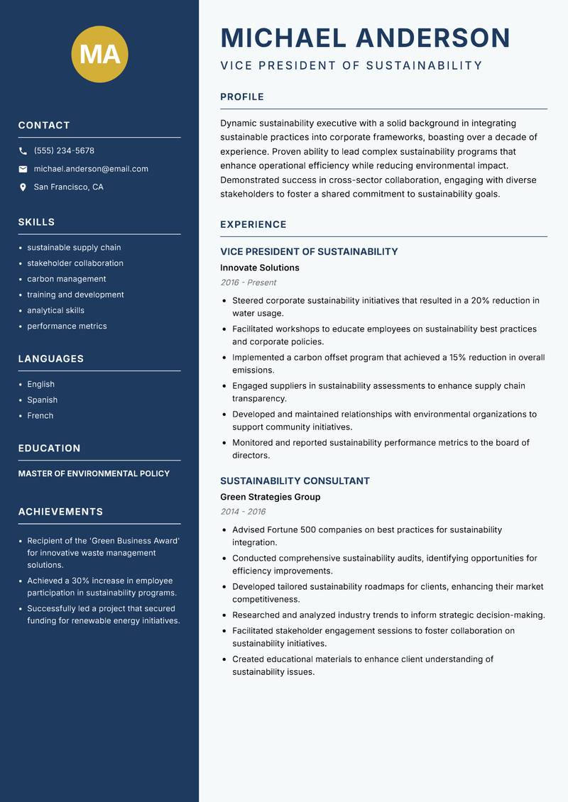 Head of Sustainability resume sample — Vice President of Sustainability focus