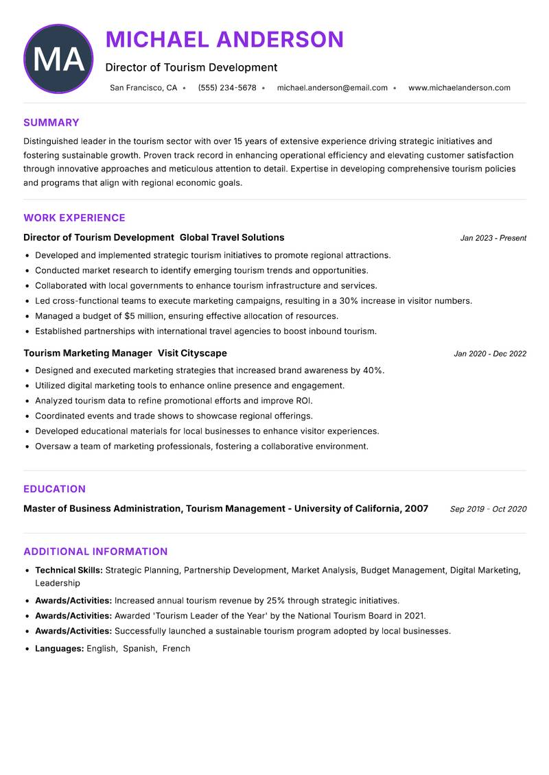 Head of Tourism resume example