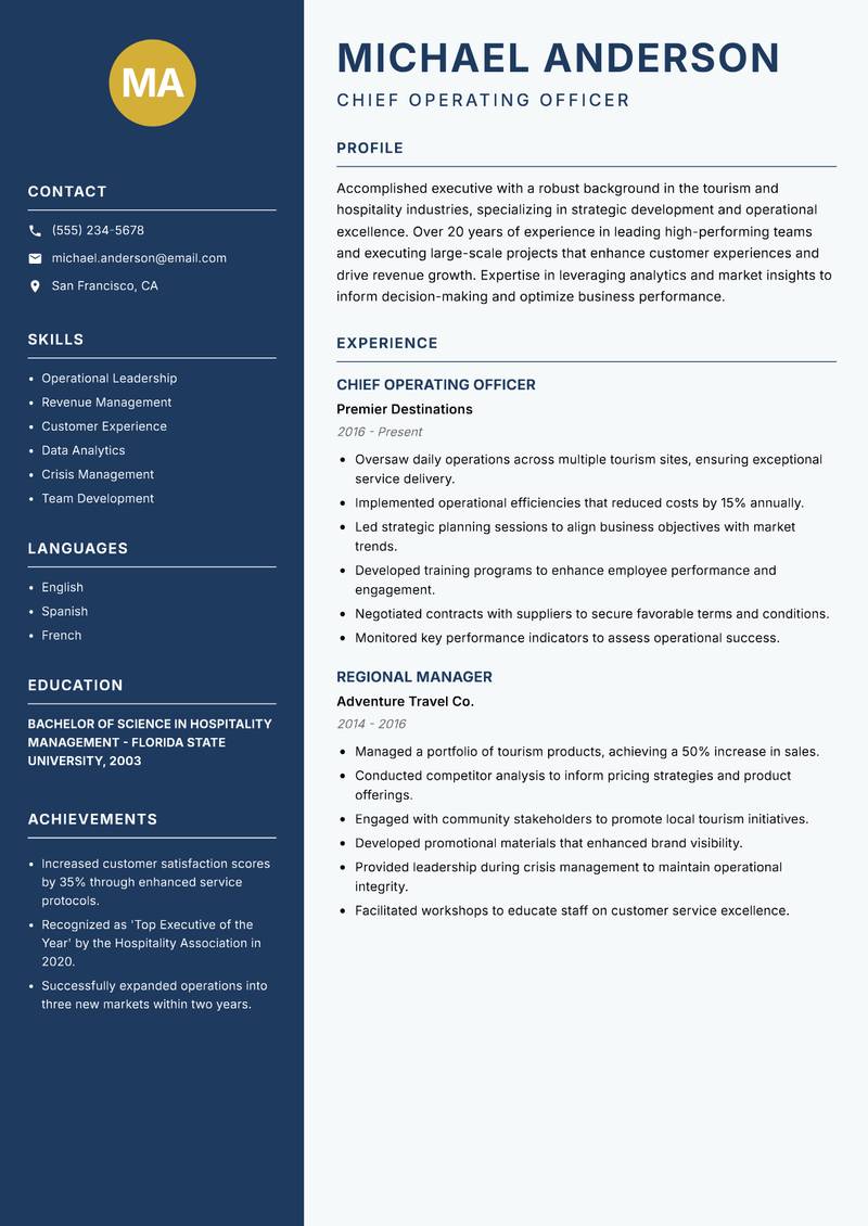 Head of Tourism resume sample — Chief Operating Officer focus