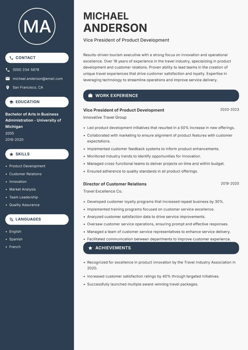 Head of Tourism resume sample — Vice President of Product Development focus