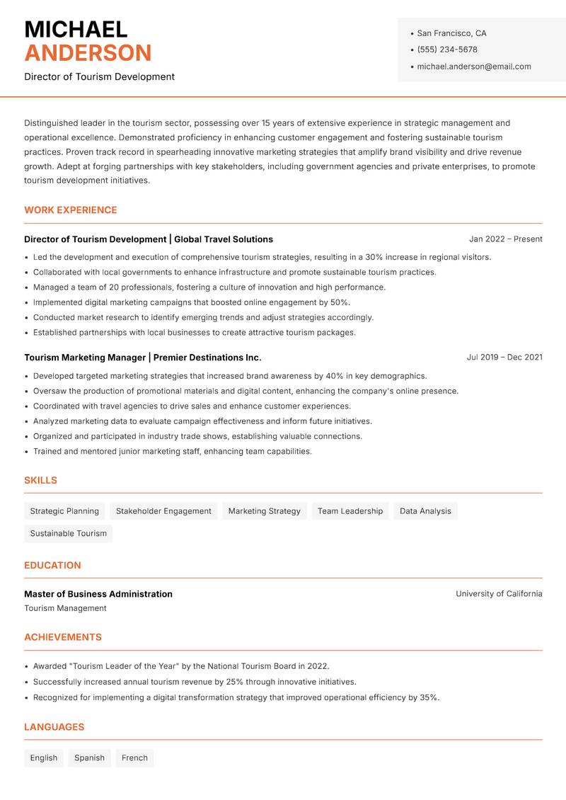 Head of Tourism resume sample — Director of Tourism Development focus