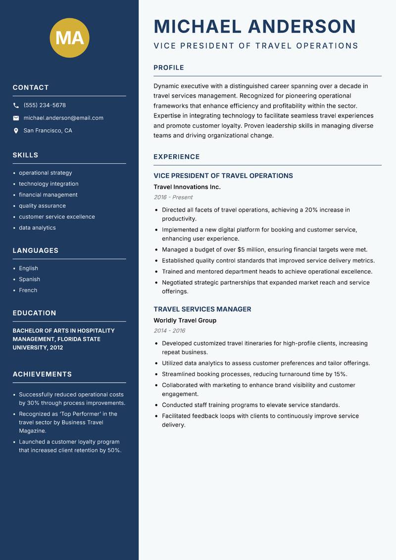 Head of Travel Services resume sample — Vice President of Travel Operations focus
