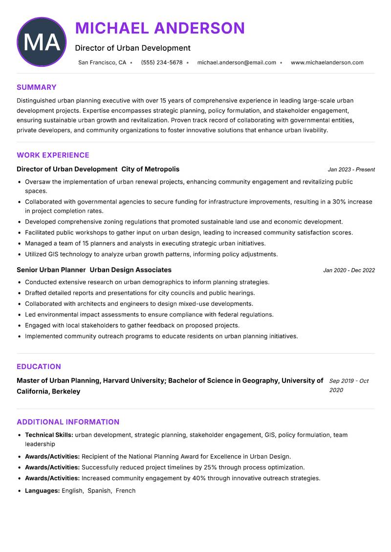 Head of Urban Planning resume example