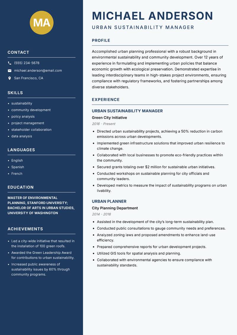 Head of Urban Planning resume sample — Urban Sustainability Manager focus