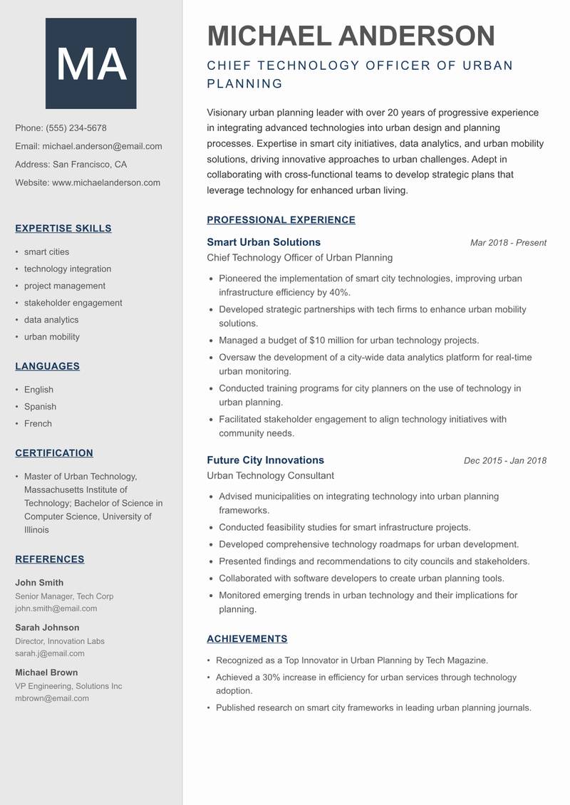 Head of Urban Planning resume sample — Chief Technology Officer of Urban Planning focus