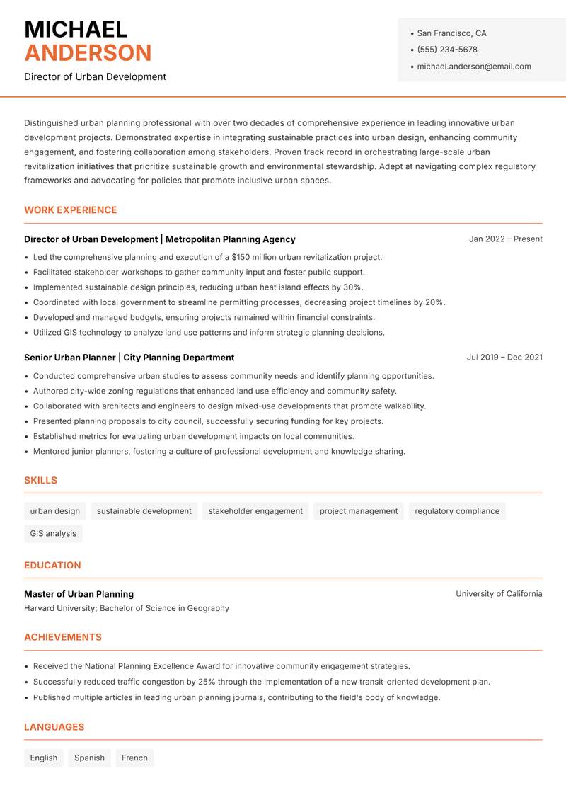 Head of Urban Planning resume sample — Director of Urban Development focus