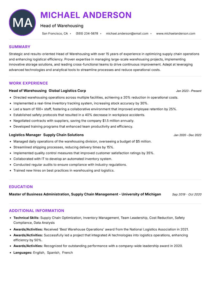Head of Warehousing resume example