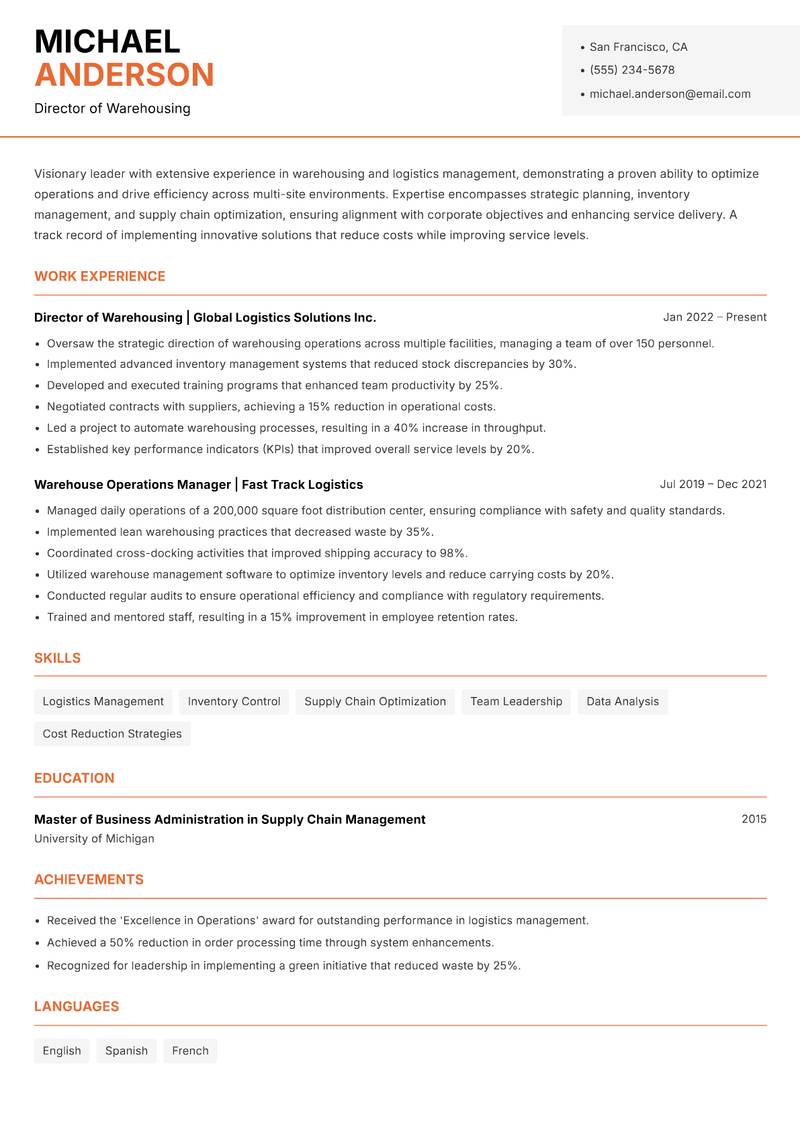 Head of Warehousing resume sample — Director of Warehousing focus
