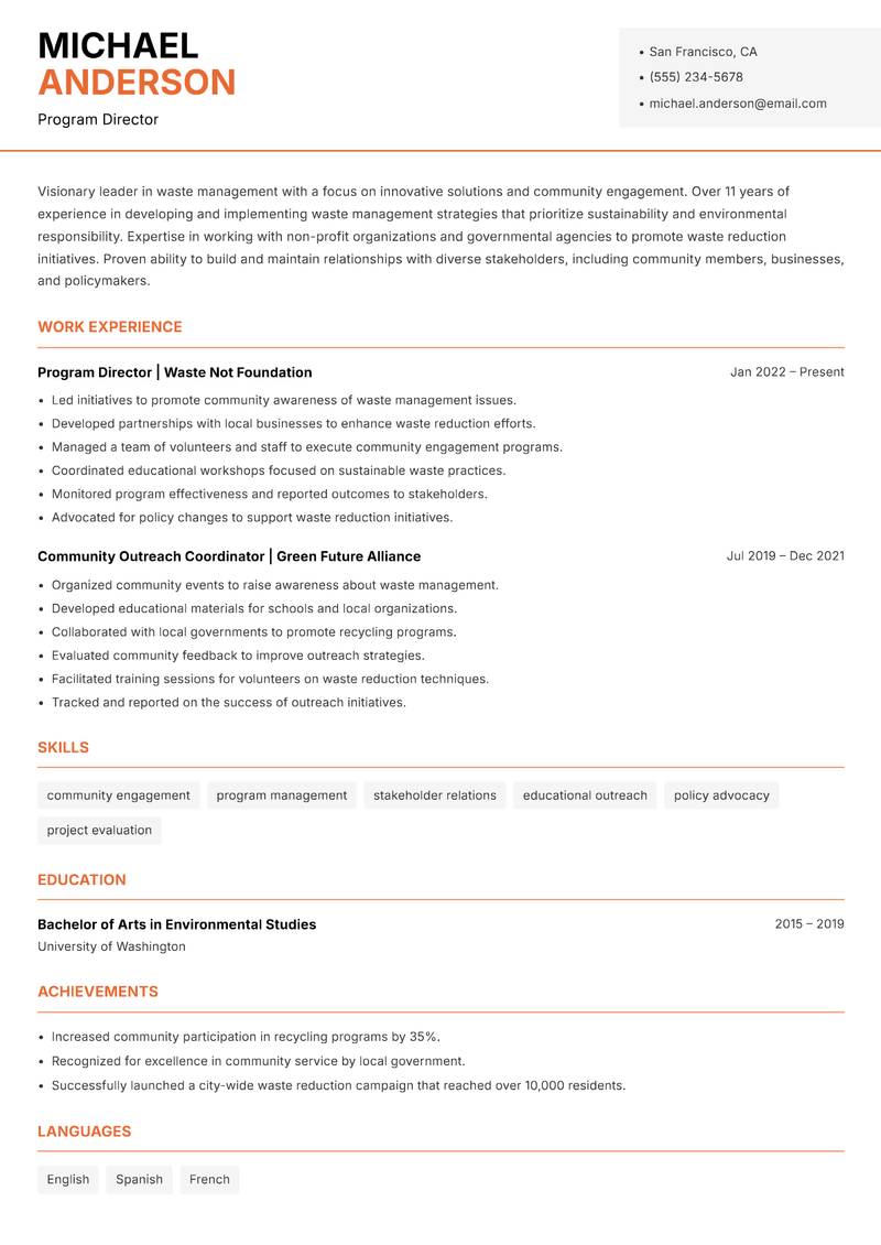 Head of Waste Management resume sample — Program Director focus