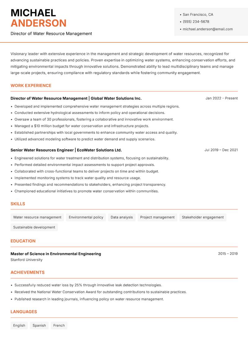 Head of Water Resources resume sample — Director of Water Resource Management focus