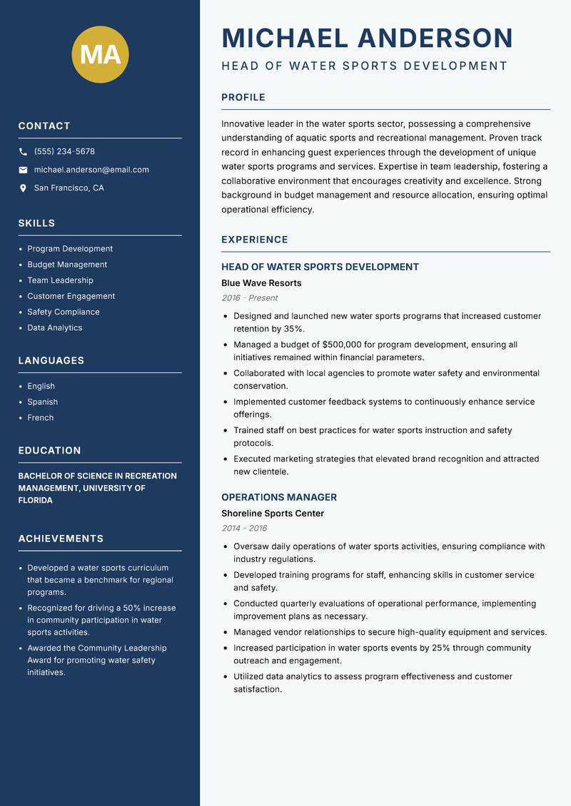 Head of Water Sports resume sample — Head of Water Sports Development focus