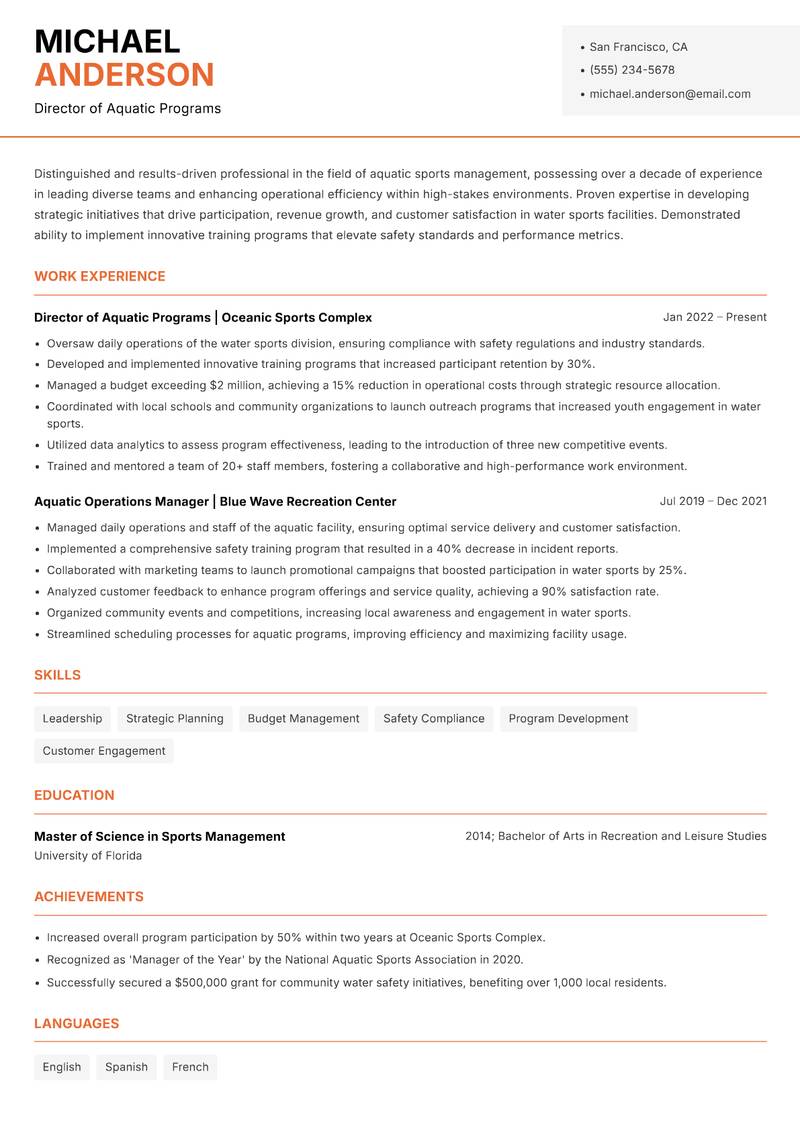 Head of Water Sports resume sample — Director of Aquatic Programs focus