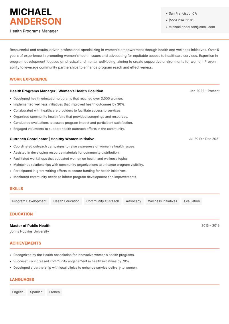 Head of Women Empowerment resume sample — Health Programs Manager focus