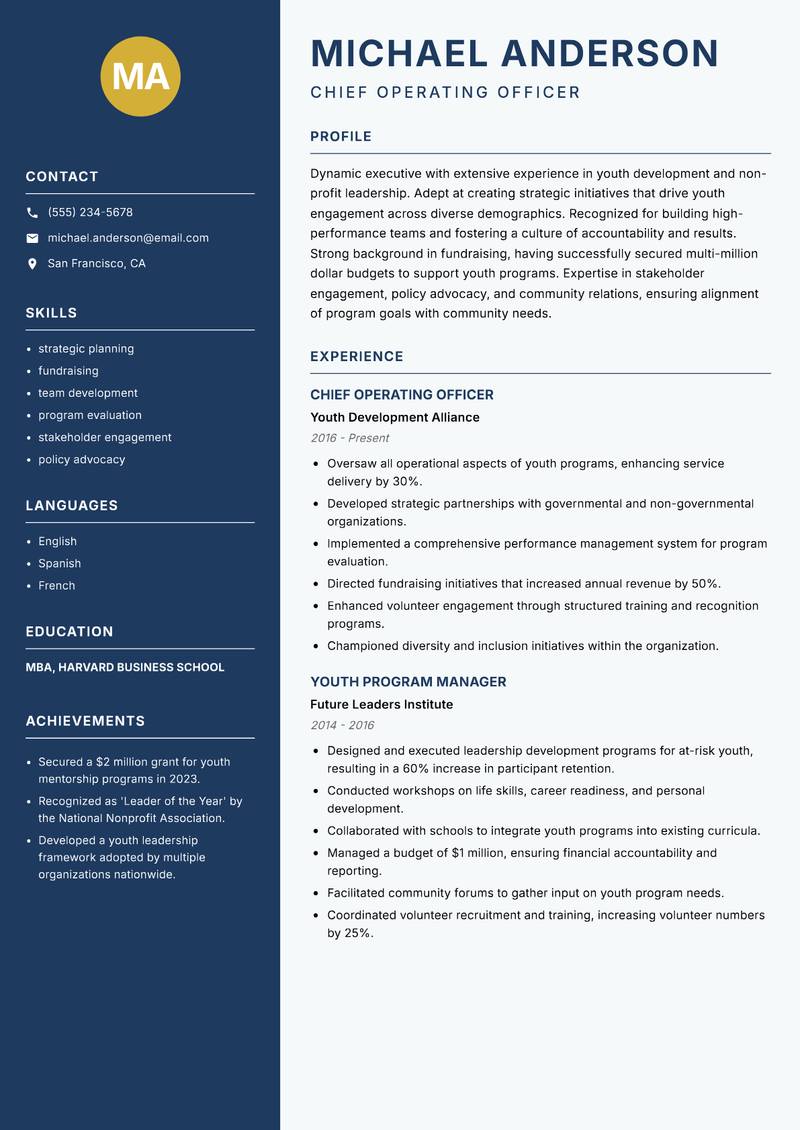 Head of Youth Development resume sample — Chief Operating Officer focus