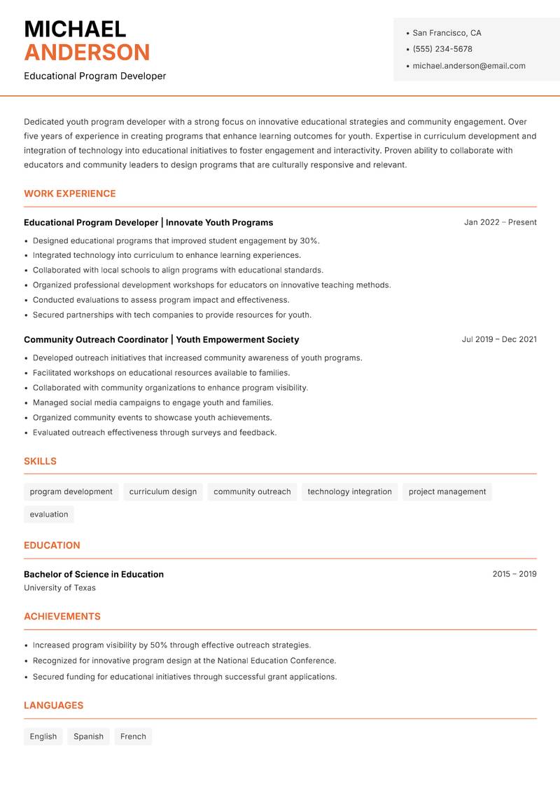Head of Youth Development resume sample — Educational Program Developer focus