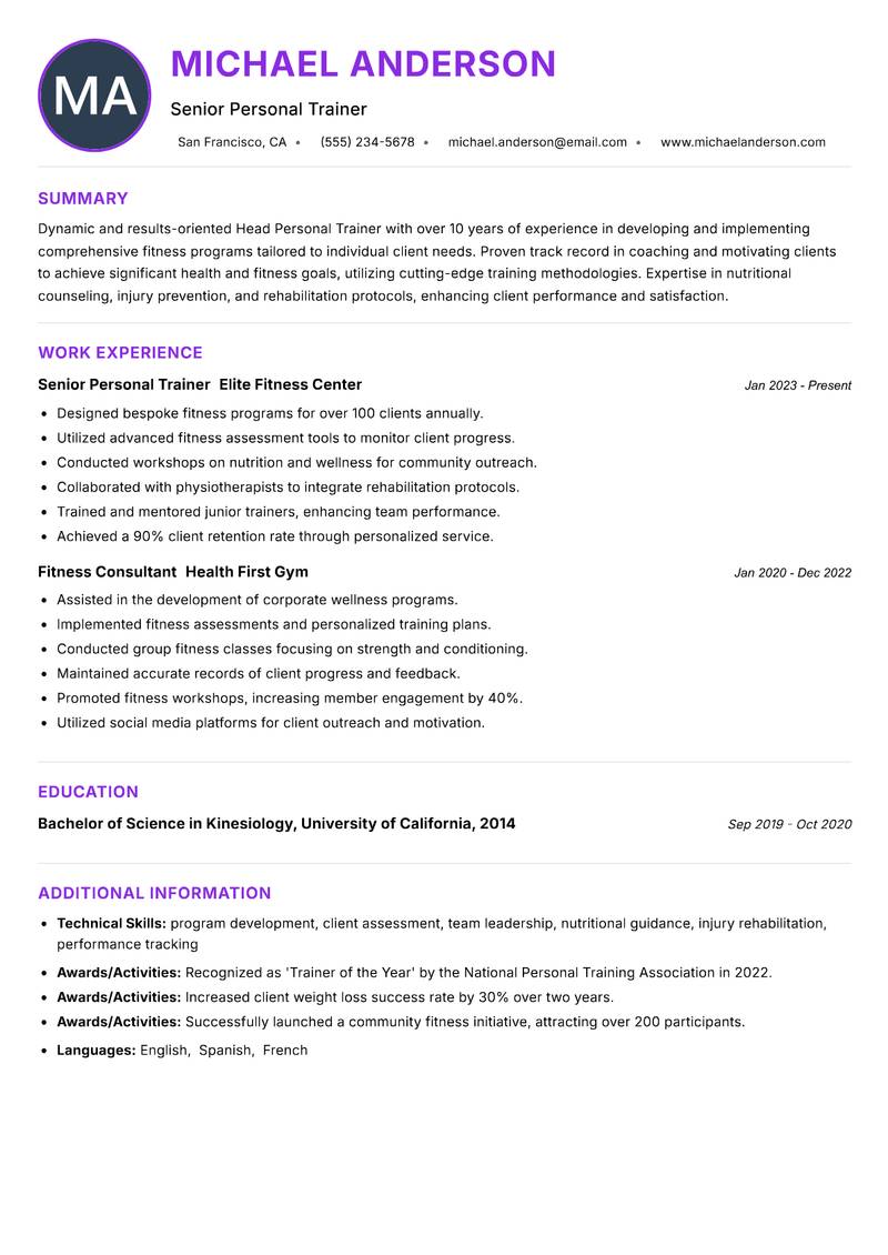 Head Personal Trainer resume example