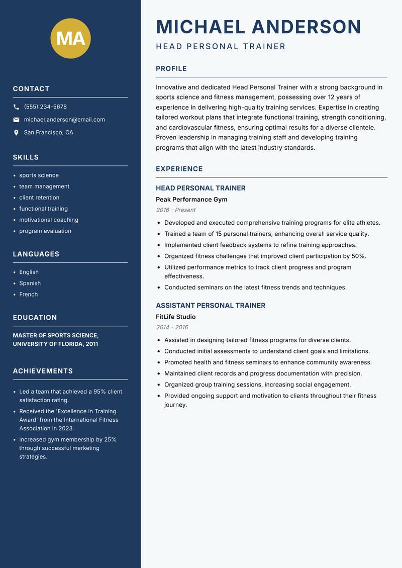 Head Personal Trainer resume sample — Head Personal Trainer focus