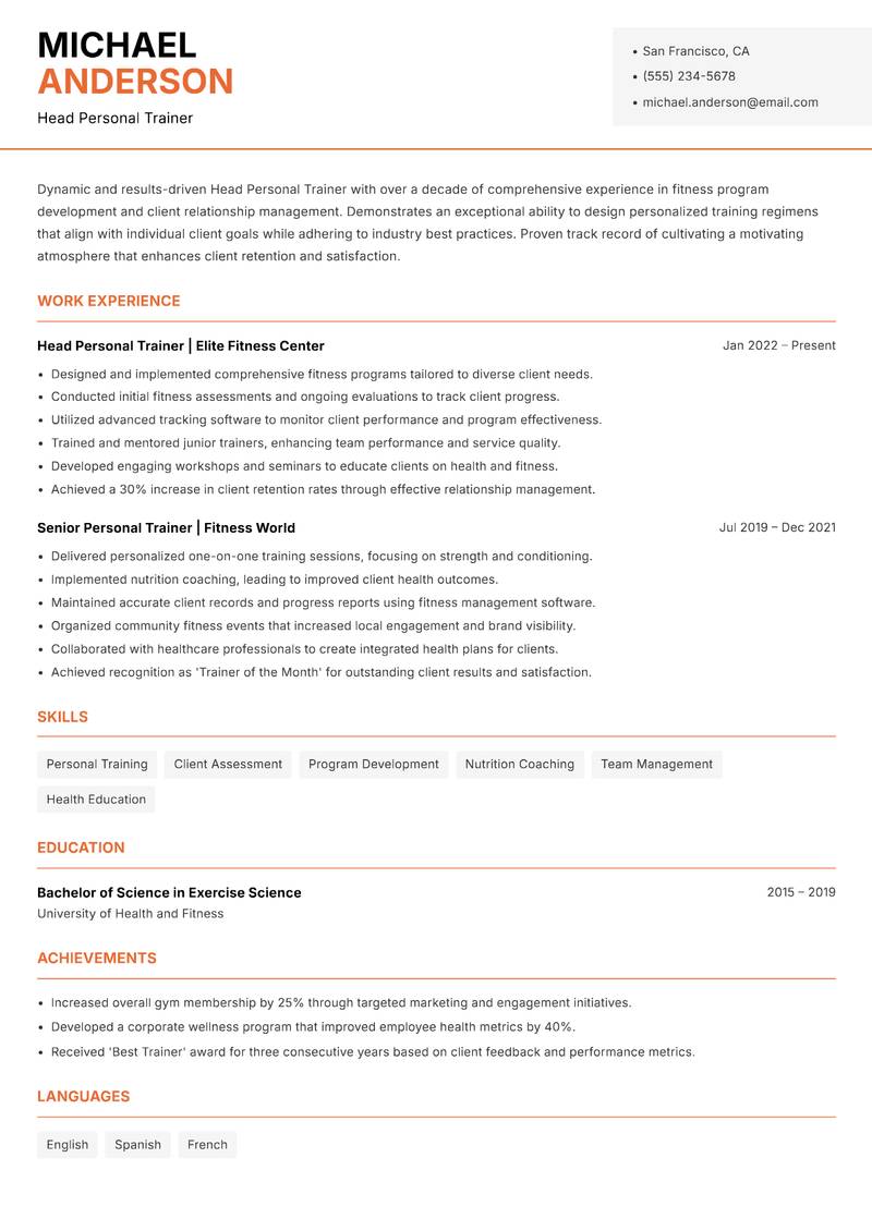 Head Personal Trainer resume sample — Head Personal Trainer focus