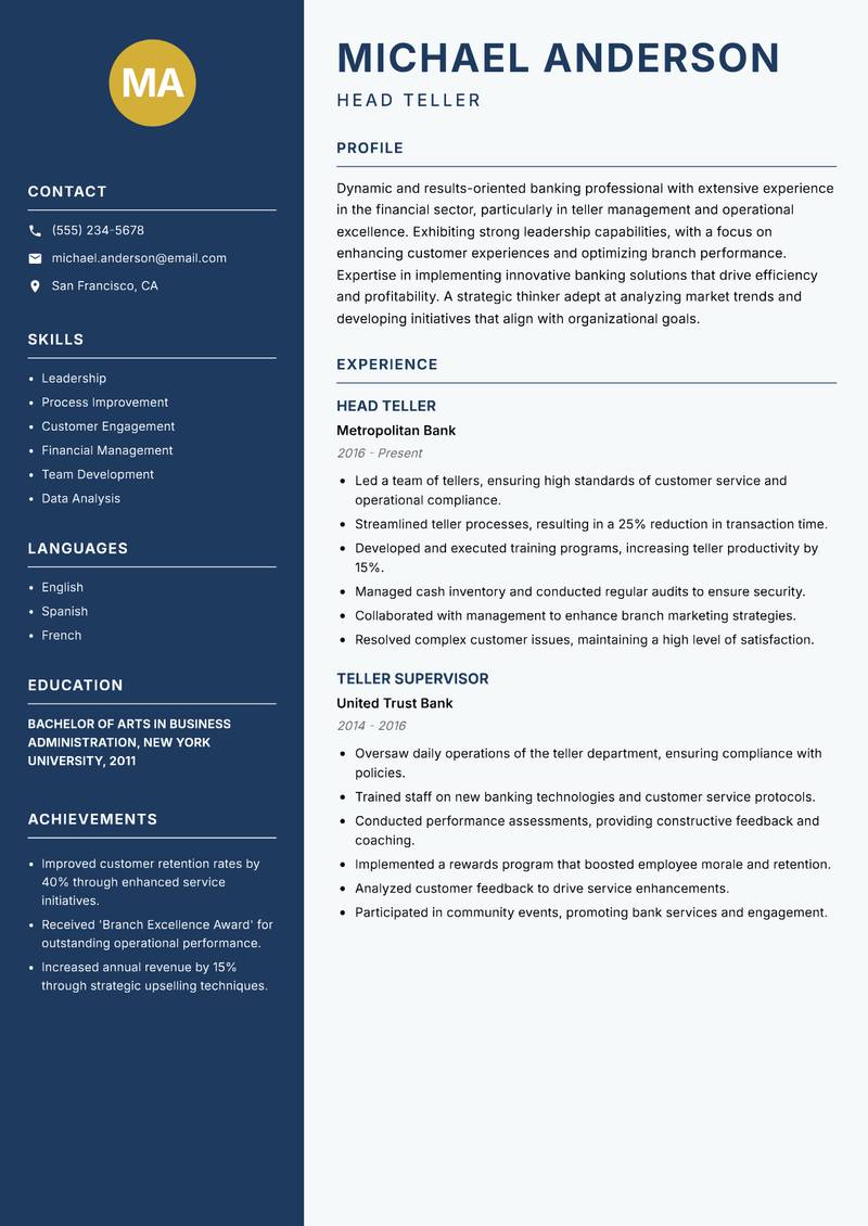Head Teller resume sample — Head Teller focus