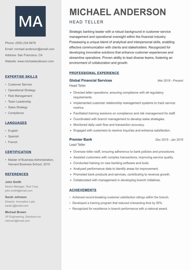 Head Teller resume sample — Head Teller focus