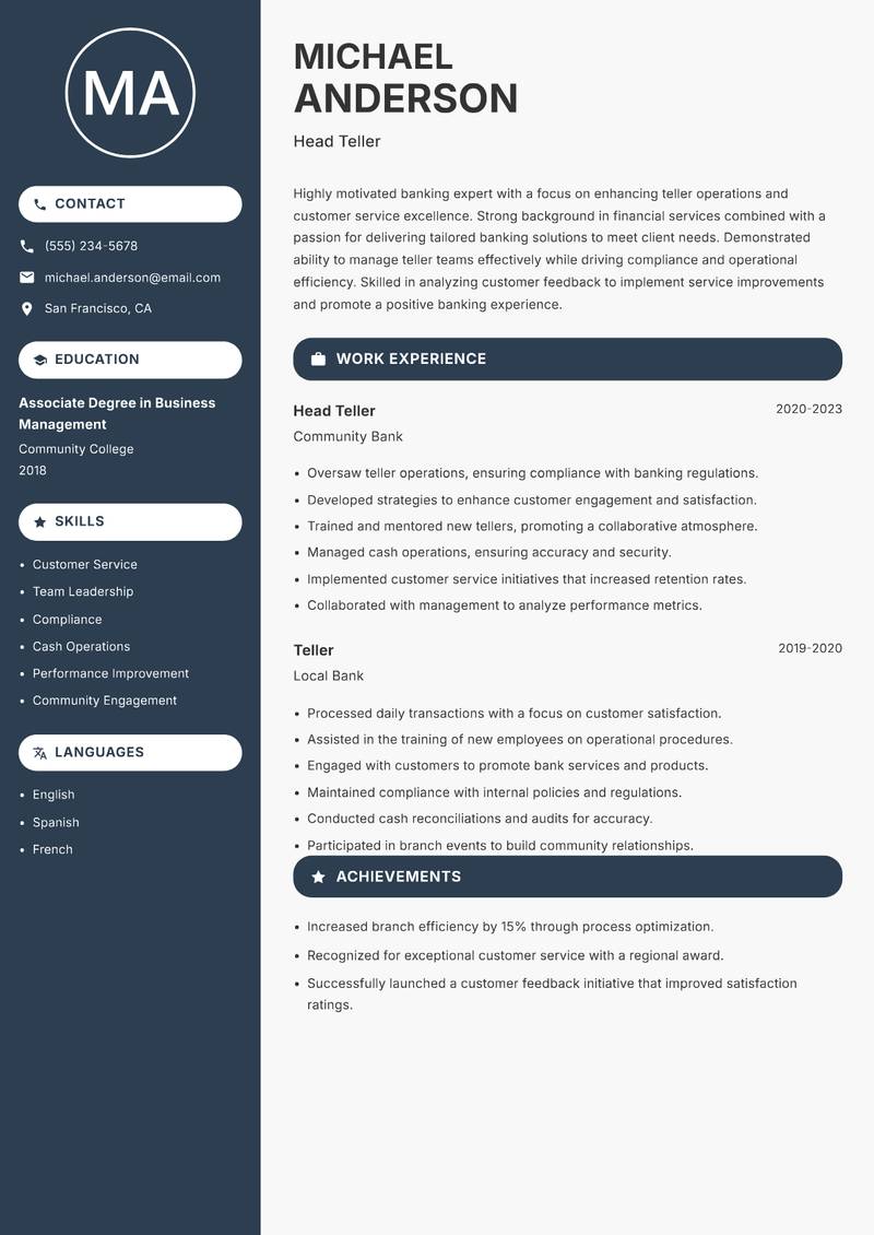 Head Teller resume sample — Head Teller focus