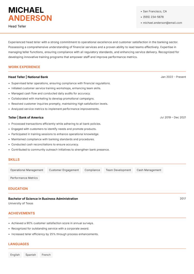 Head Teller resume sample — Head Teller focus