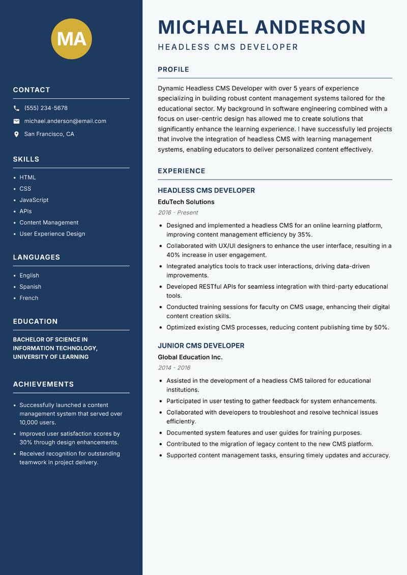 Headless CMS Developer resume sample — Headless CMS Developer focus