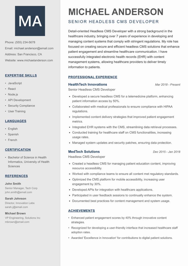 Headless CMS Developer resume sample — Senior Headless CMS Developer focus
