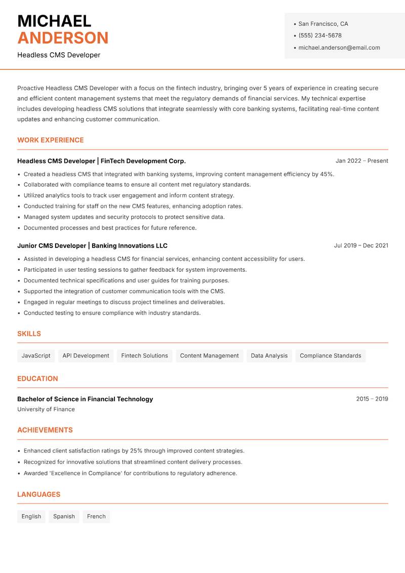 Headless CMS Developer resume sample — Headless CMS Developer focus