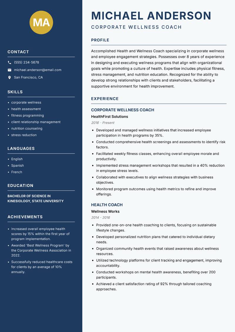 Health and Wellness Coach resume sample — Corporate Wellness Coach focus